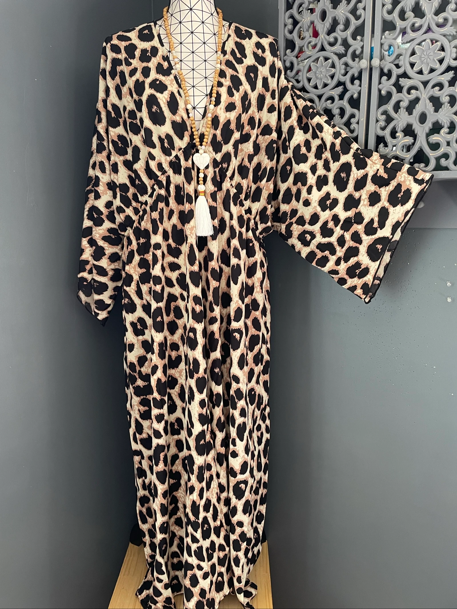 💖 vestido largo leopardo beige negro camello con abertura talla grande 56 bohemio chic fluido 💖 – photo 6